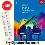 front cover of ABRSM More Piano Sight-Reading Grade 1 together with free Piano Clef bookmark