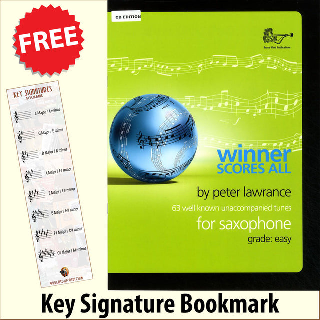 front cover of Winner Scores All for Alto Saxophone Book/CD together with free Treble Clef bookmark