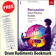 front cover of ABRSM Percussion Exam Pieces & Studies Grade 1 from 2020 together with free Drum Rudiments bookmark