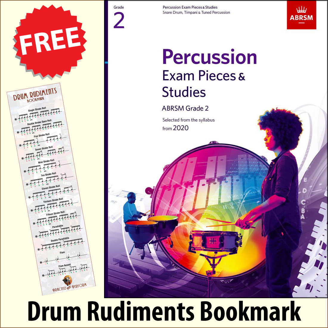 front cover of ABRSM Percussion Exam Pieces & Studies Grade 2 from 2020 together with free Drum Rudiments bookmark