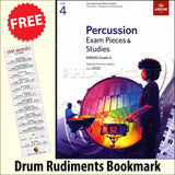 front cover of ABRSM Percussion Exam Pieces & Studies Grade 4 from 2020 together with free Drum Rudiments bookmark