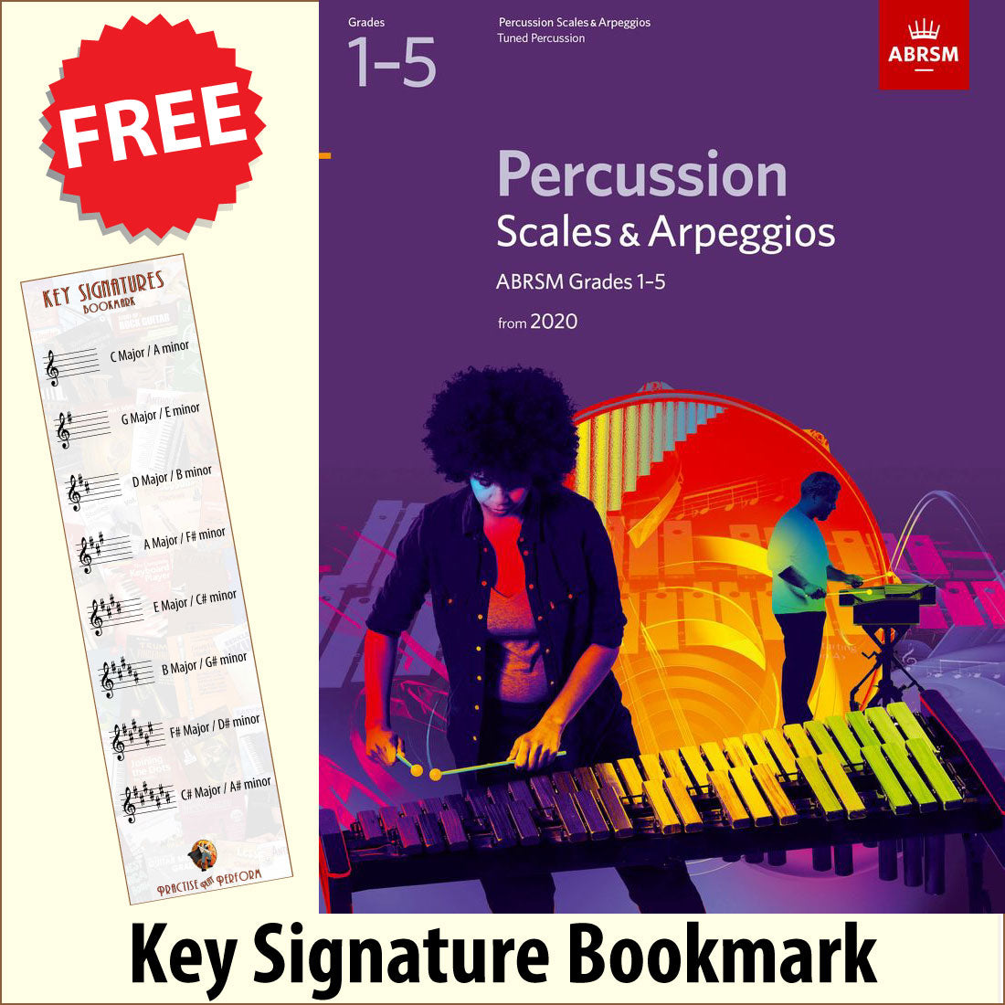 front cover of ABRSM Percussion Scales & Arpeggios Grades 1-5 from 2020 together with free Drum Rudiments bookmark