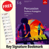 front cover of ABRSM Percussion Scales & Arpeggios Grades 1-5 from 2020 together with free Drum Rudiments bookmark