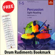 front cover of ABRSM Percussion Sight-Reading Grade 1-5 from 2020 together with free Drum Rudiments bookmark