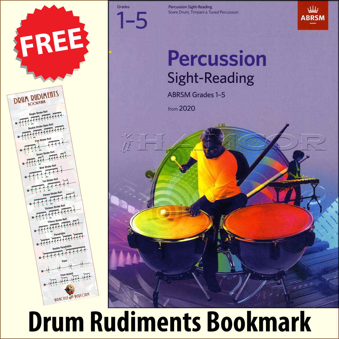 front cover of ABRSM Percussion Sight-Reading Grade 1-5 from 2020 together with free Drum Rudiments bookmark