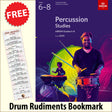 front cover of ABRSM Percussion Studies Grade 6-8 from 2020 together with free Drum Rudiments bookmark