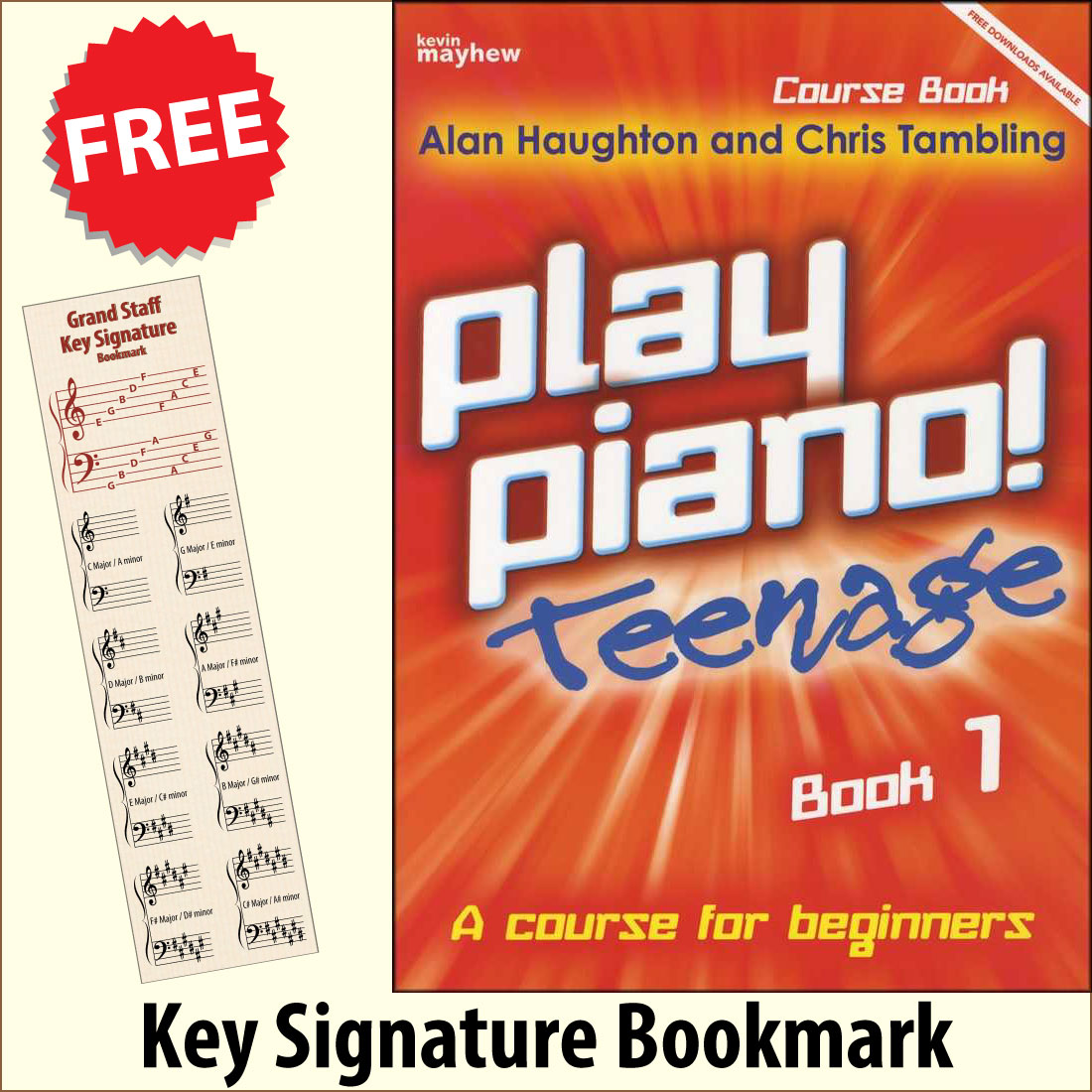 front cover of Play Piano Teenage Course Book 1 together with free Piano Clef bookmark