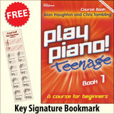 front cover of Play Piano Teenage Course Book 1 together with free Piano Clef bookmark