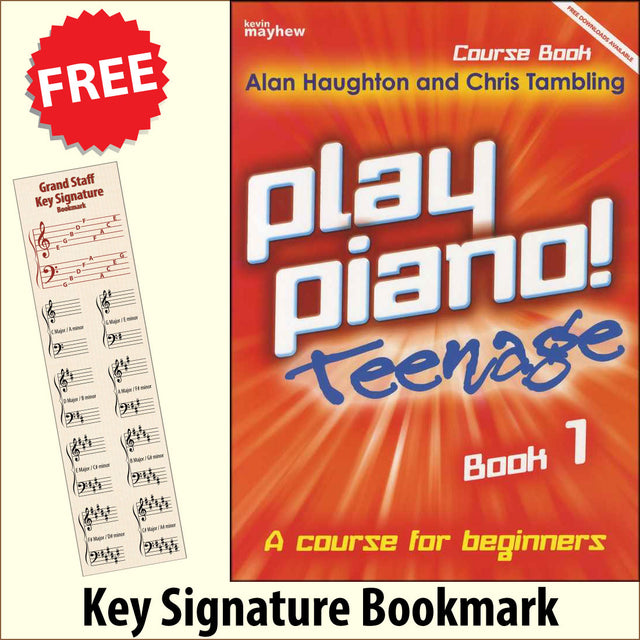 front cover of Play Piano Teenage Course Book 1 together with free Piano Clef bookmark