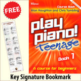 front cover of Play Piano Teenage Course Book 1 together with free Piano Clef bookmark