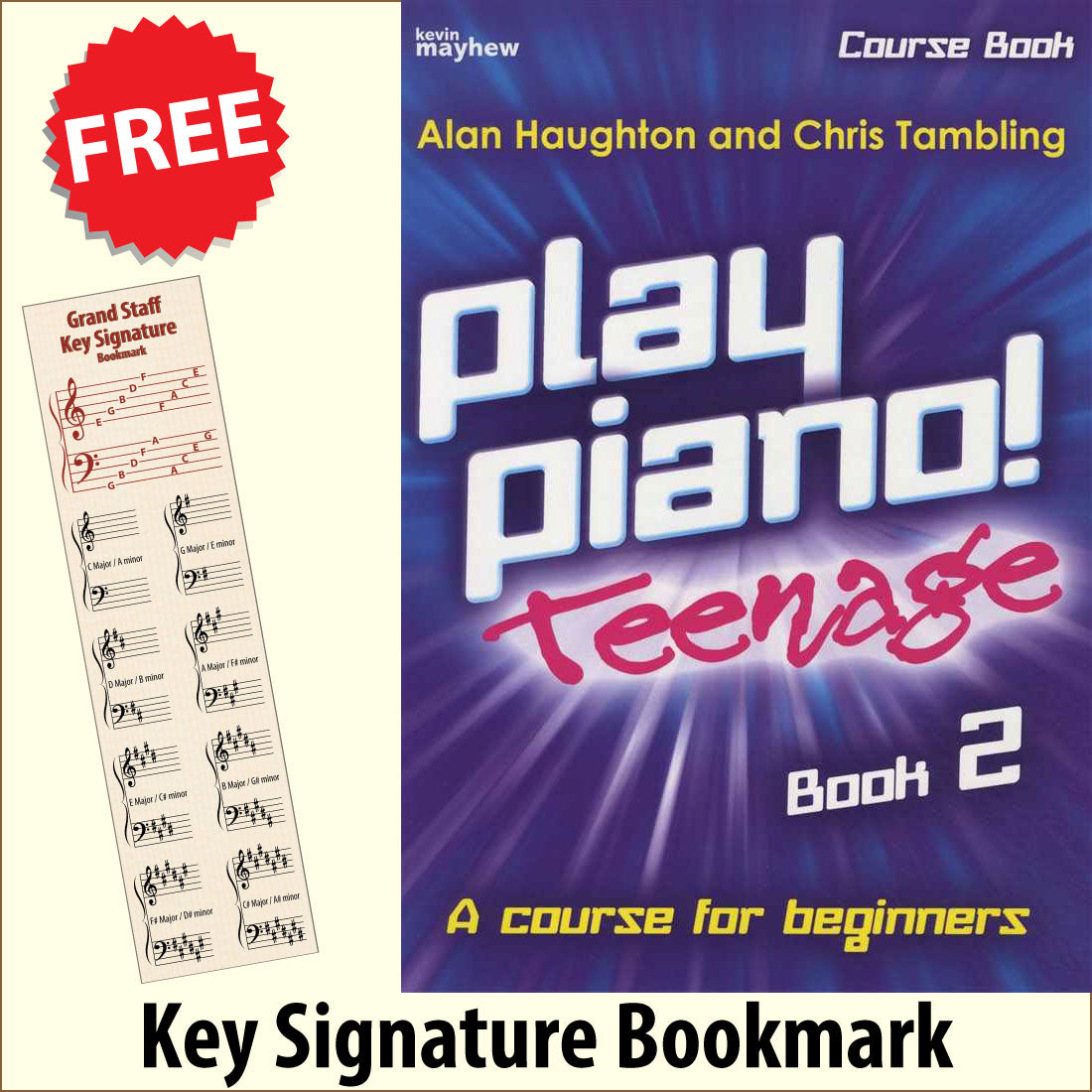 front cover of Play Piano Teenage Course Book 2 together with free Piano Clef bookmark