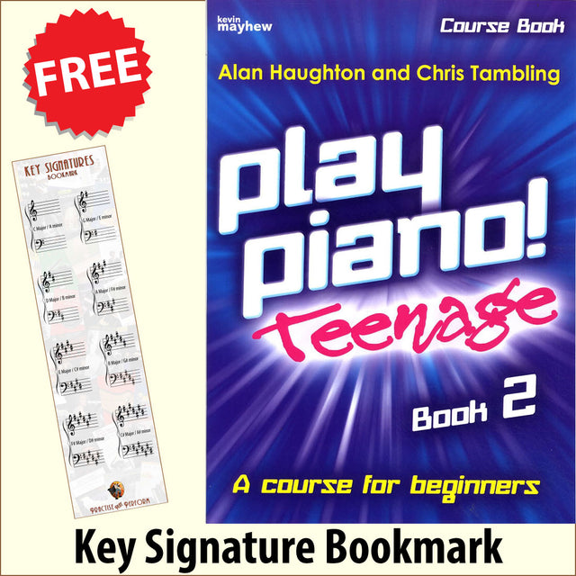 front cover of Play Piano Teenage Course Book 2 together with free Piano Clef bookmark