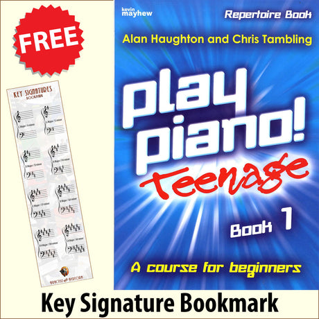 front cover of Play Piano Teenage Repertoire Book 1 together with free Piano Clef bookmark