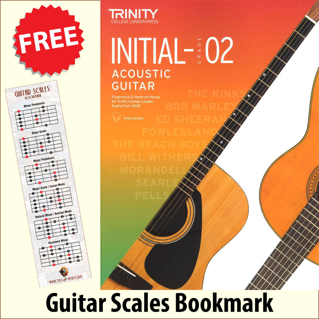 front cover of Trinity College London Acoustic Guitar Initial-Grade 2 together with free Guitar Scales bookmark