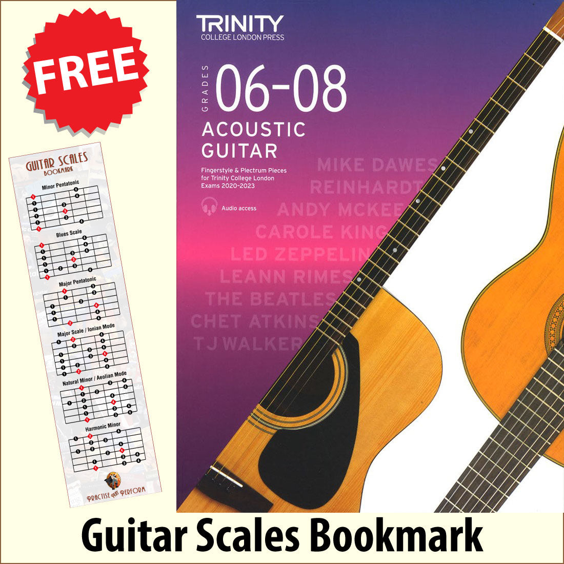 front cover of Trinity College London Acoustic Guitar Grades 6-8 together with free Guitar Scales bookmark