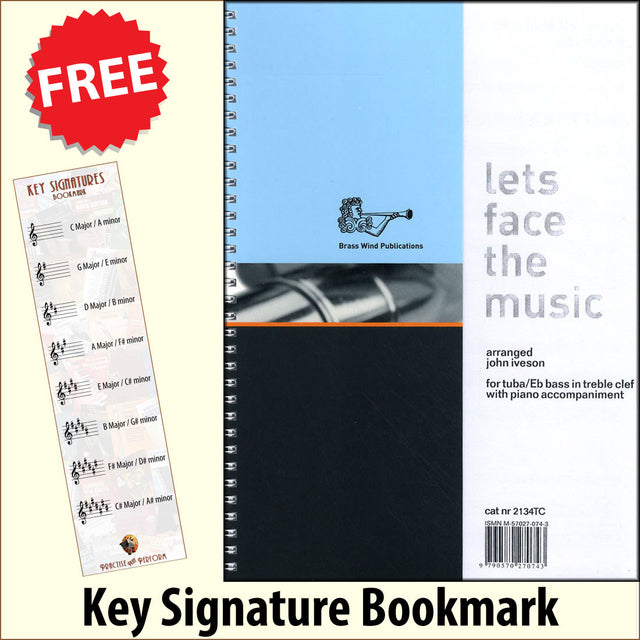 front cover of Lets Face The Music for Tuba/Eb Bass Treble Clef together with free Treble Clef bookmark