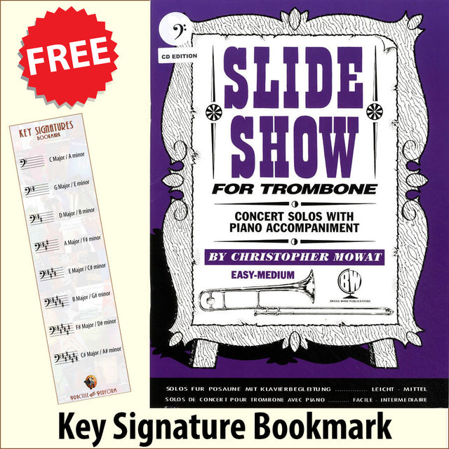 front cover of Slide Show for Trombone Bass Clef Book/CD by Christopher Mowat together with free Bass Glef bookmark