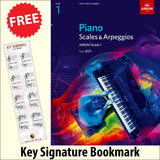 front cover of ABRSM Piano Scales Arpeggios Grade 1 together with free Piano Clef bookmark