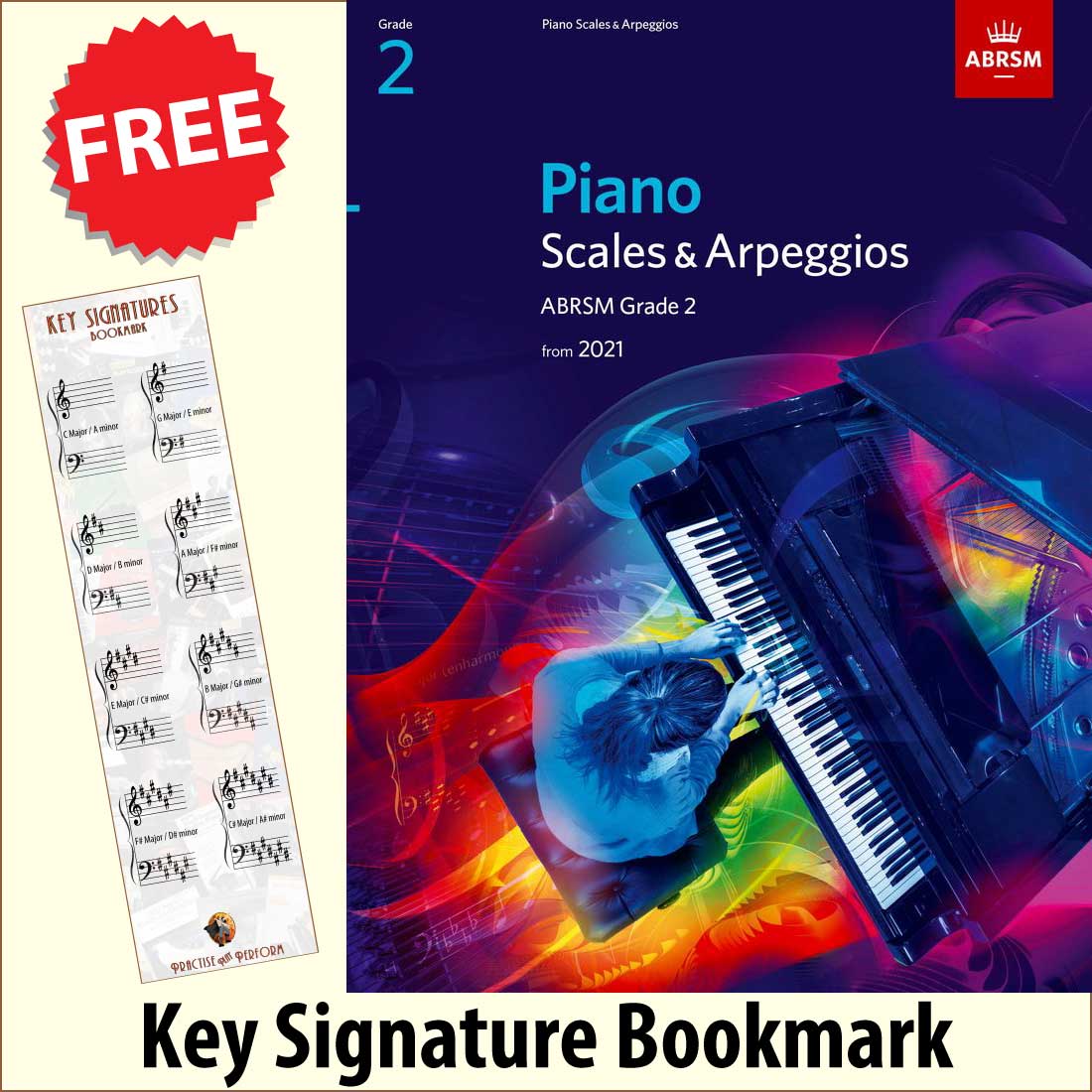 front cover of ABRSM Piano Scales Arpeggios Grade 2 together with free Piano Clef bookmark