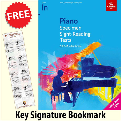 front cover of ABRSM Piano Specimen Sight-Reading Tests Initial Grade together with free Piano Clef bookmark