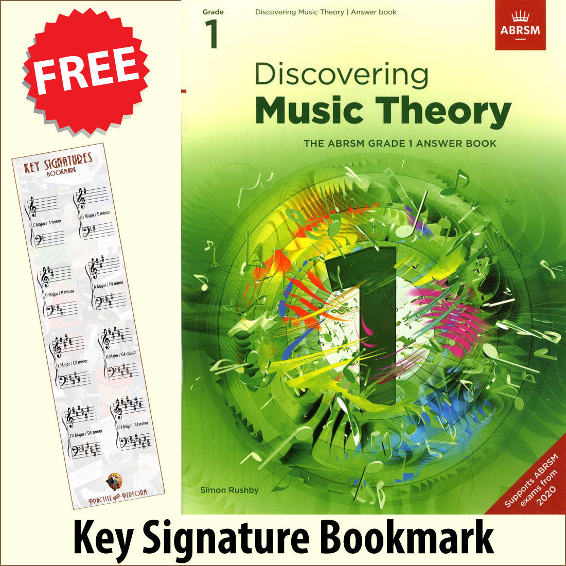 front cover of ABRSM Discovering Music Theory Grade 1 Answer Book together with free Grand Staff bookmark