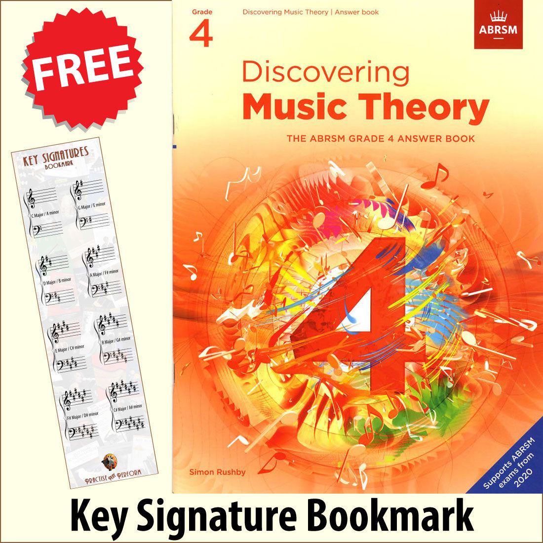 front cover of ABRSM Discovering Music Theory Grade 4 Answer Book together with free Grand Staff bookmark