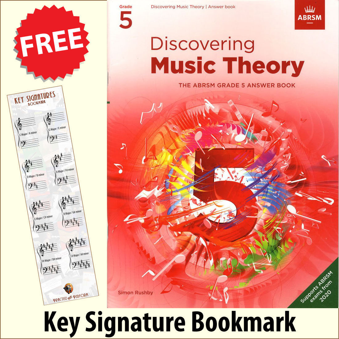 front cover of ABRSM Discovering Music Theory Grade 5 Answer Book together with free Grand Staff bookmark