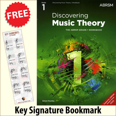 front cover of ABRSM Discovering Music Theory Grade 1 Workbook together with free Grand Staff bookmark