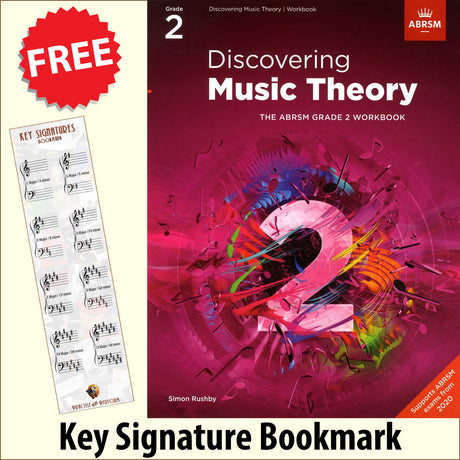 front cover of ABRSM Discovering Music Theory Grade 2 Workbook together with free Grand Staff bookmark