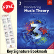 front cover of ABRSM Discovering Music Theory Grade 3 Workbook together with free Grand Staff bookmark