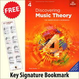 front cover of ABRSM Discovering Music Theory Grade 4 Workbook together with free Grand Staff bookmark