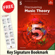 front cover of ABRSM Discovering Music Theory Grade 5 Workbook together with free Grand Staff bookmark