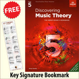 front cover of ABRSM Discovering Music Theory Grade 5 Workbook together with free Grand Staff bookmark