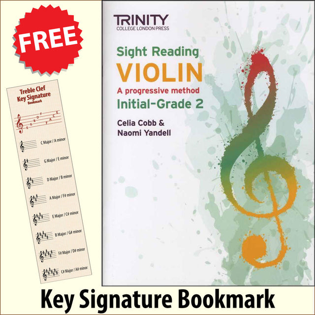 front cover of Trinity College London Violin Sight Reading Initial-Grade 2 together with free Treble Clef bookmark