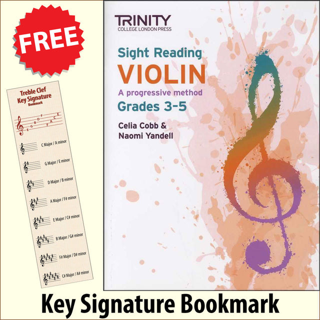 front cover of Trinity College London Violin Sight Reading Grade 3-5 together with free Treble Clef bookmark