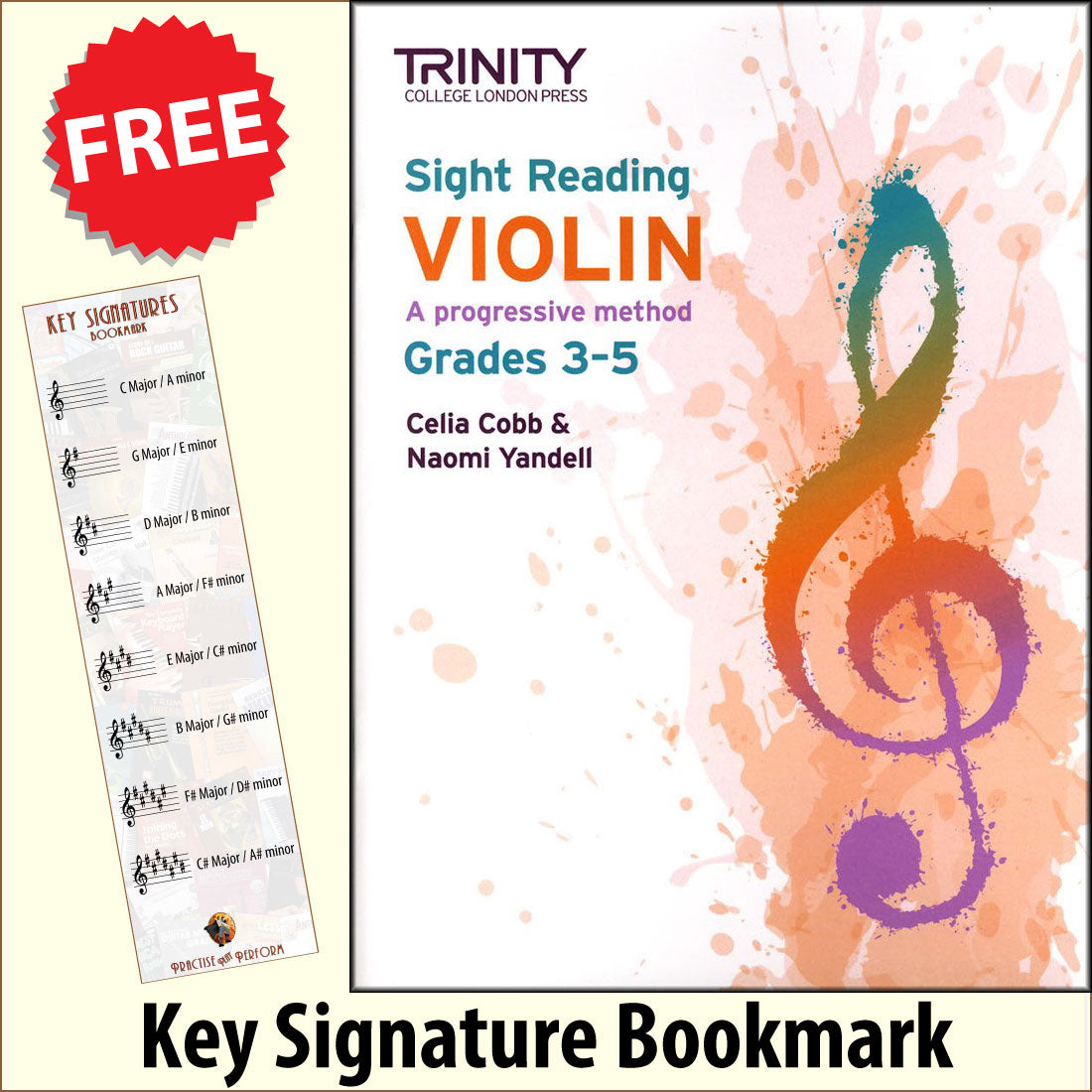 front cover of Trinity College London Violin Sight Reading Grade 3-5 together with free Treble Clef bookmark