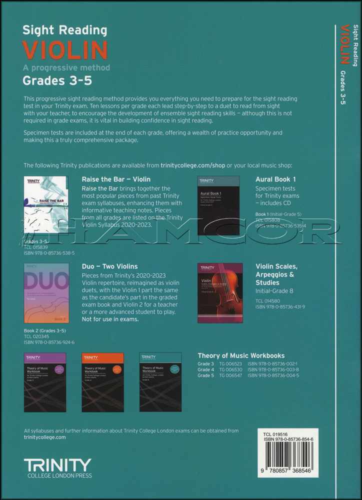 back cover of Trinity College London Violin Sight Reading Grade 3-5