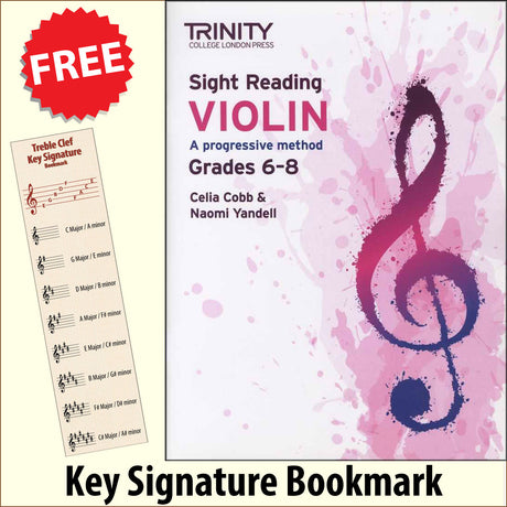 front cover of Trinity College London Violin Sight Reading Grade 6-8 together with free Treble Clef bookmark