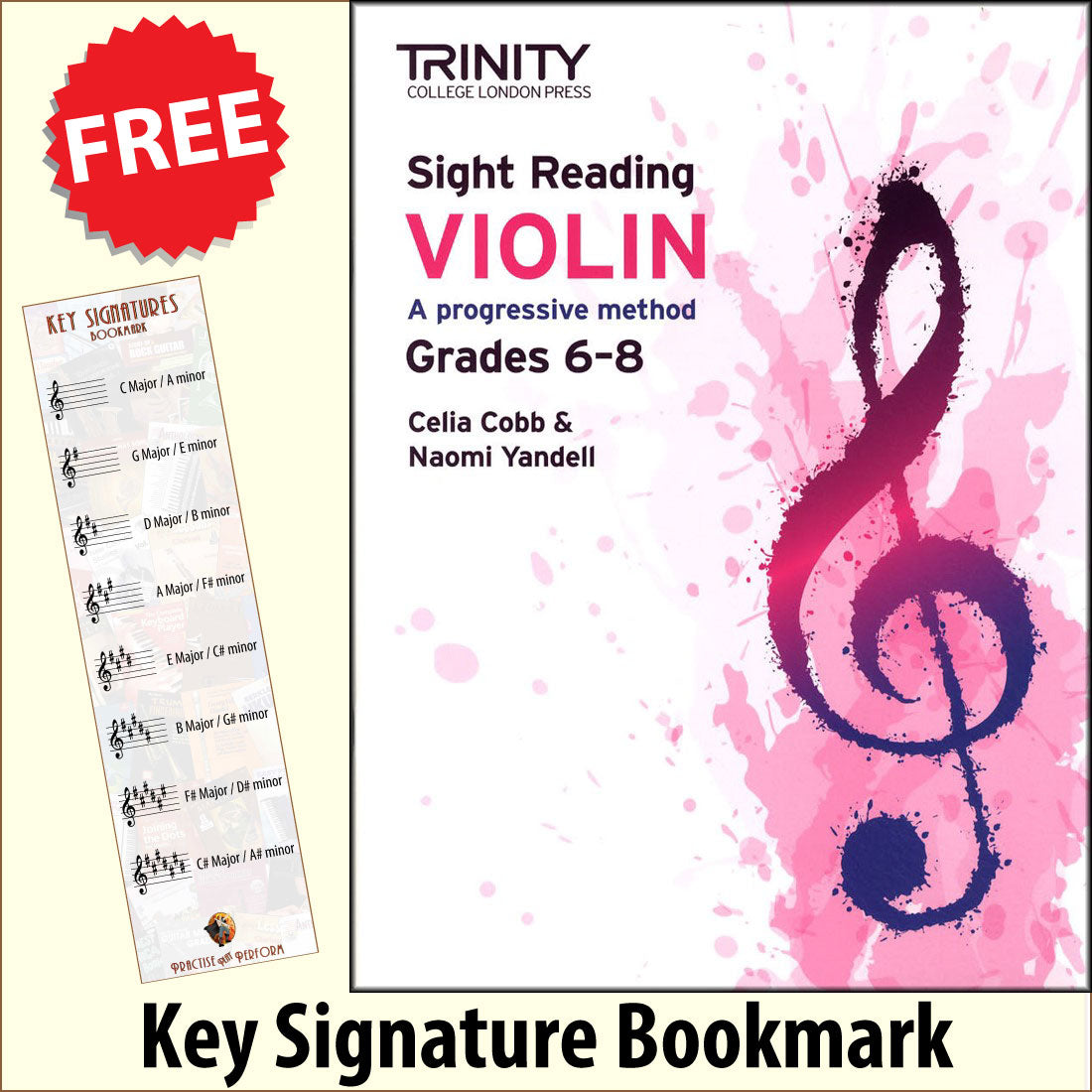 front cover of Trinity College London Violin Sight Reading Grade 6-8 together with free Treble Clef bookmark