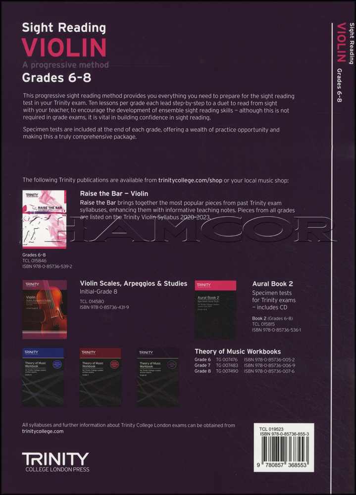 back cover of Trinity College London Violin Sight Reading Grade 6-8