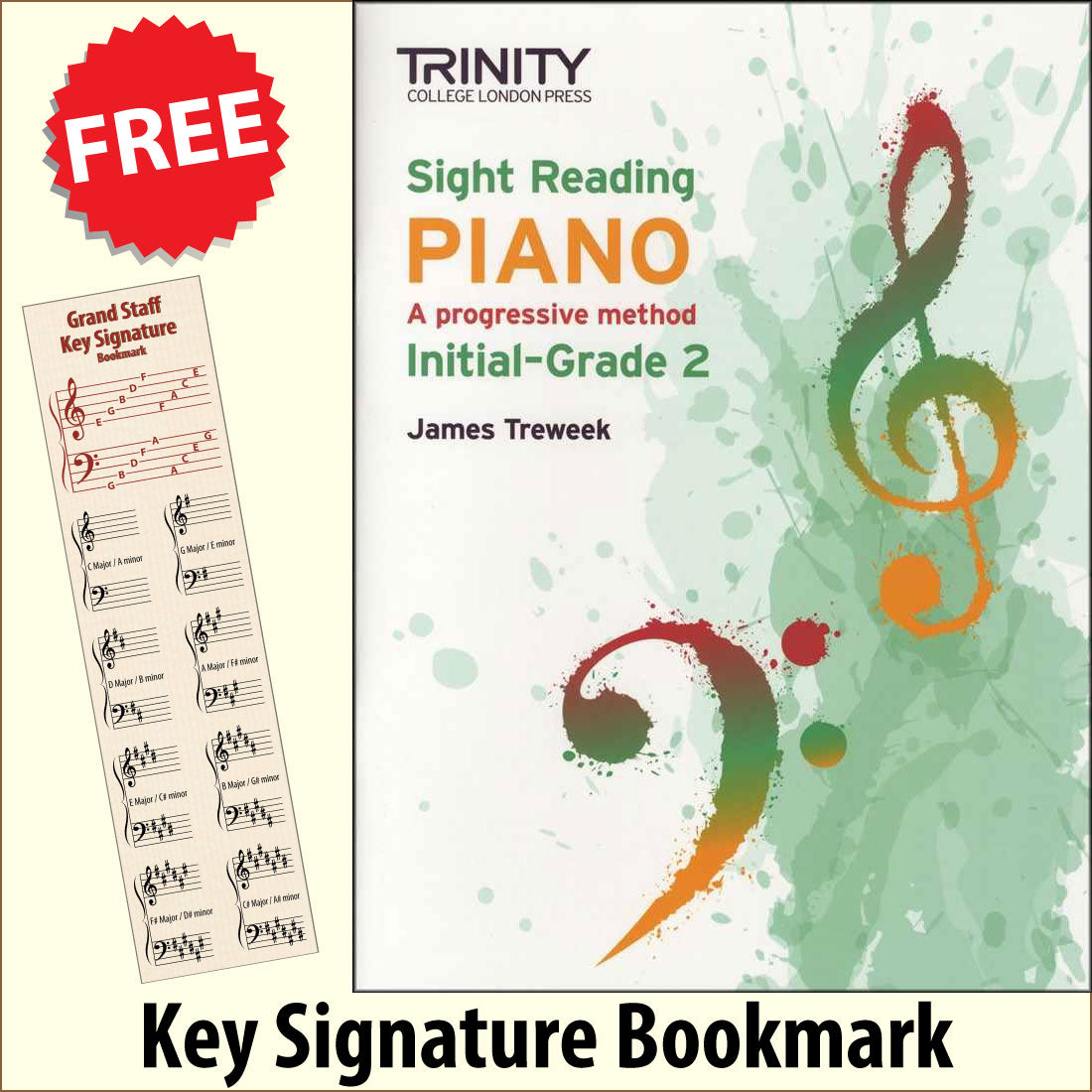front cover of Trinity College London Sight Reading Piano Initial-Grade 2 together with free Piano Clef bookmark