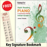 front cover of Trinity College London Sight Reading Piano Initial-Grade 2 together with free Piano Clef bookmark