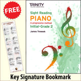 front cover of Trinity College London Sight Reading Piano Initial-Grade 2 together with free Piano Clef bookmark