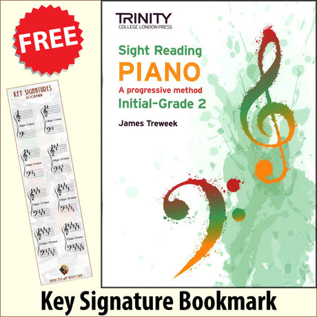 front cover of Trinity College London Sight Reading Piano Initial-Grade 2 together with free Piano Clef bookmark