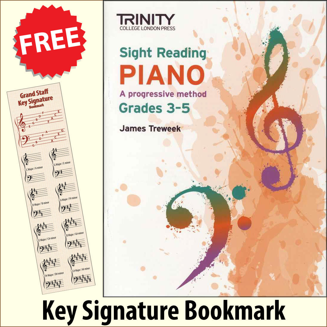 front cover of Trinity College London Sight Reading Piano Grades 3-5 together with free Piano Clef bookmark