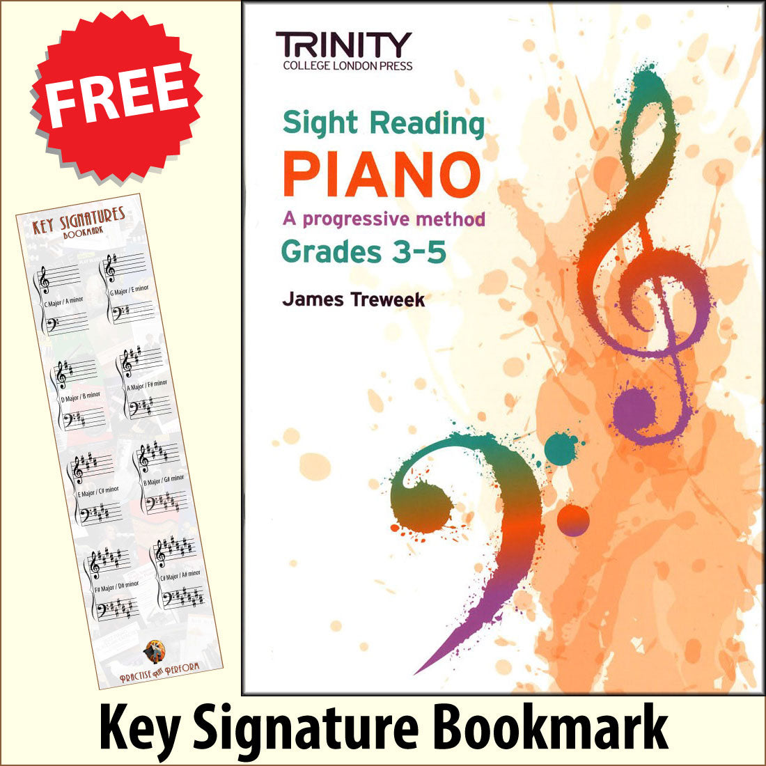 front cover of Trinity College London Sight Reading Piano Grades 3-5 together with free Piano Clef bookmark