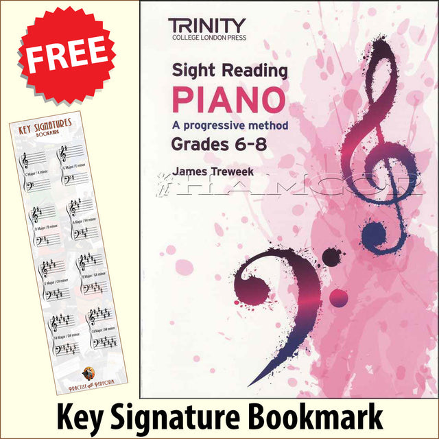 front cover of Trinity College London Sight Reading Piano Grades 6-8 together with free Piano Clef bookmark