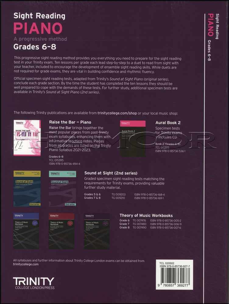 back cover of Trinity College London Sight Reading Piano Grades 6-8