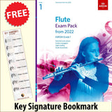 front cover of ABRSM Flute Exam Pack Grade 1 from 2022 together with free Treble Clef bookmark