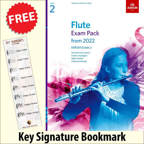 front cover of ABRSM Flute Exam Pack Grade 2 from 2022 together with free Treble Clef bookmark